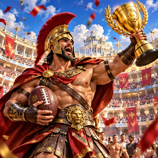 Spartan champion lifting a golden trophy