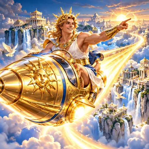 Apollo riding a golden rocket — Mythoswin instant games